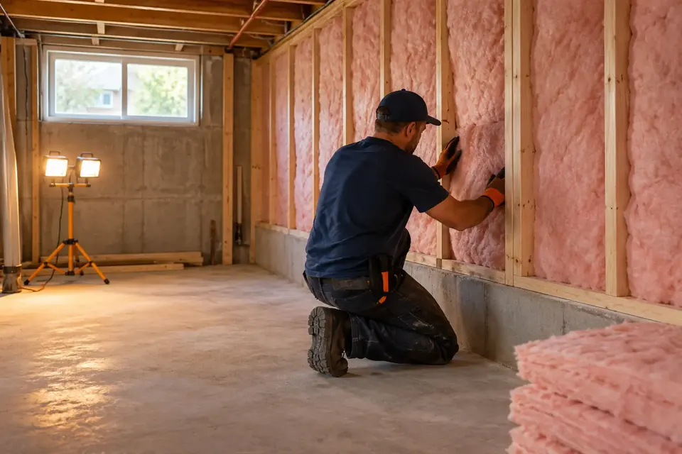 Tradesperson installing insulation in a basement