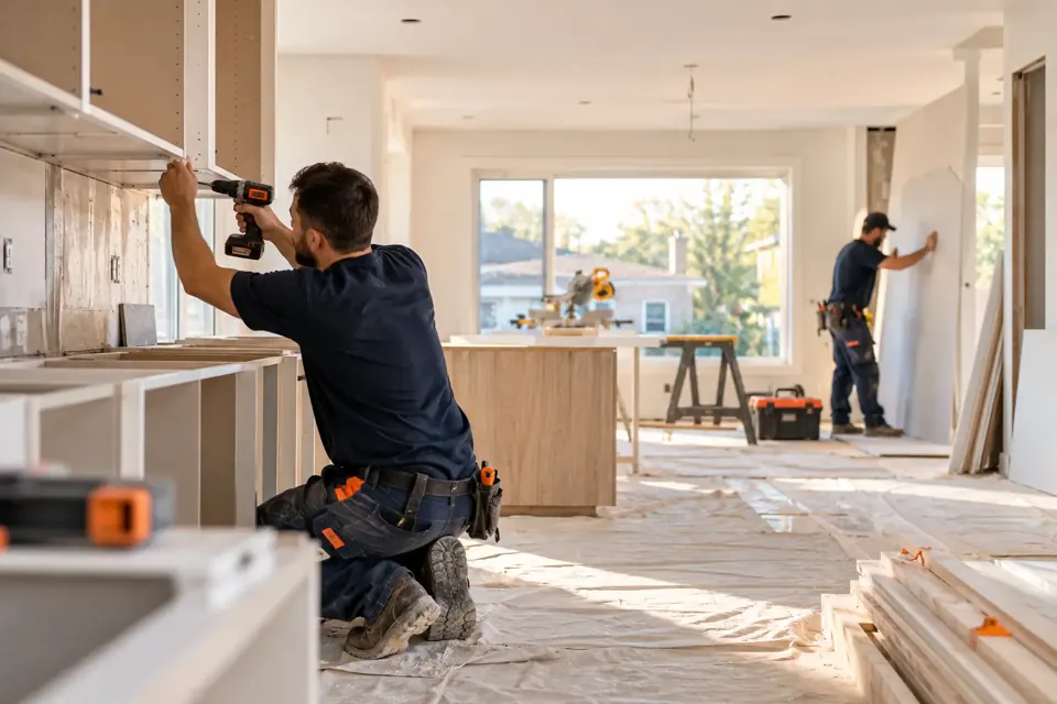 Tradespeople working on an indoor renovation
