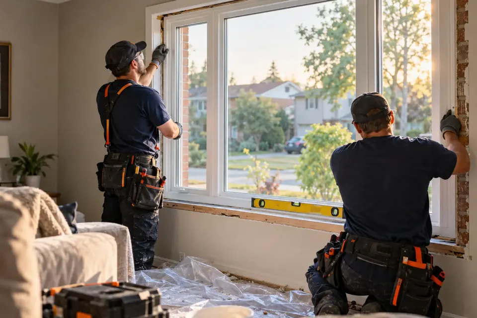 Deux artisans installant une fenêtre résidentielle