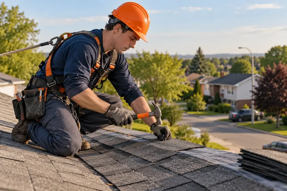 Roofer wearing a helmet and harness installing shingles