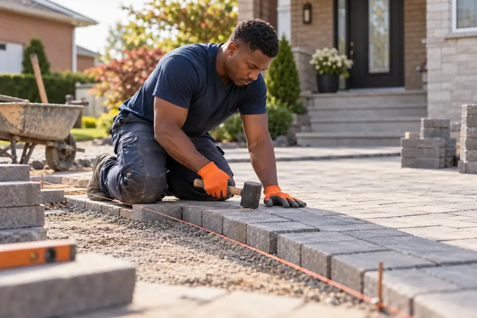 Tradesperson laying pavers outside a house