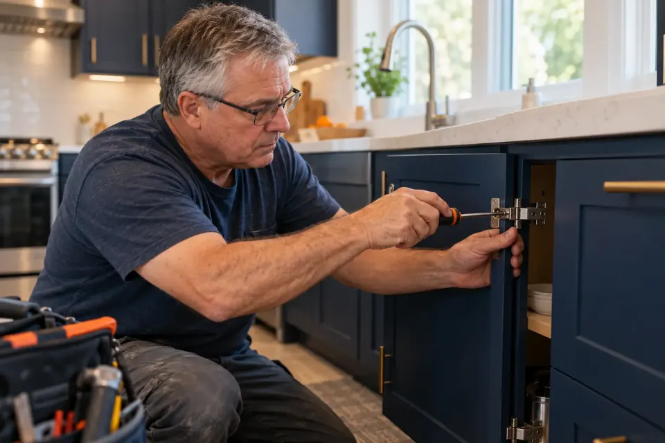 Tradesperson adjusting a kitchen-cabinet hinge