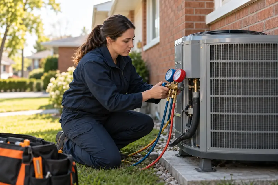 Technician checking gauges on an outdoor air-conditioning unit