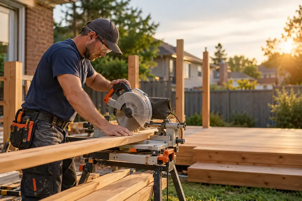 Artisan découpant une planche sur une terrasse