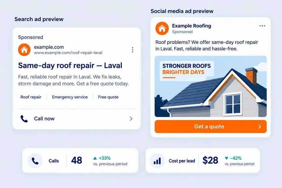 Mockup of Google and Facebook ads for a contractor, with calls and cost per request