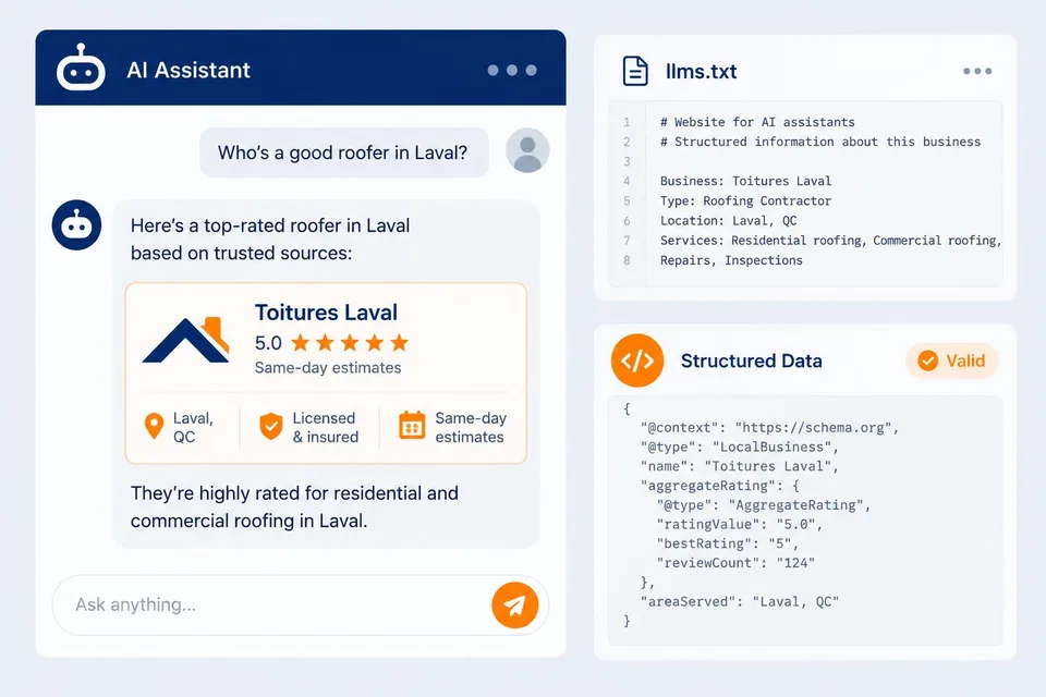Mockup of an AI assistant recommending a local business, with llms.txt and structured data