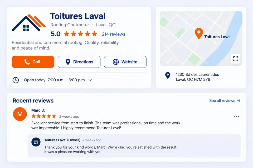 Mockup of a contractor’s Google profile with reviews and call buttons
